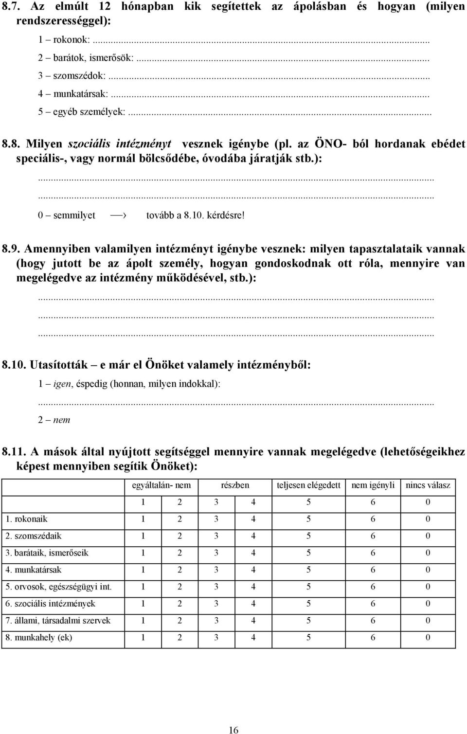 Amennyiben valamilyen intézményt igénybe vesznek: milyen tapasztalataik vannak (hogy jutott be az ápolt személy, hogyan gondoskodnak ott róla, mennyire van megelégedve az intézmény működésével, stb.