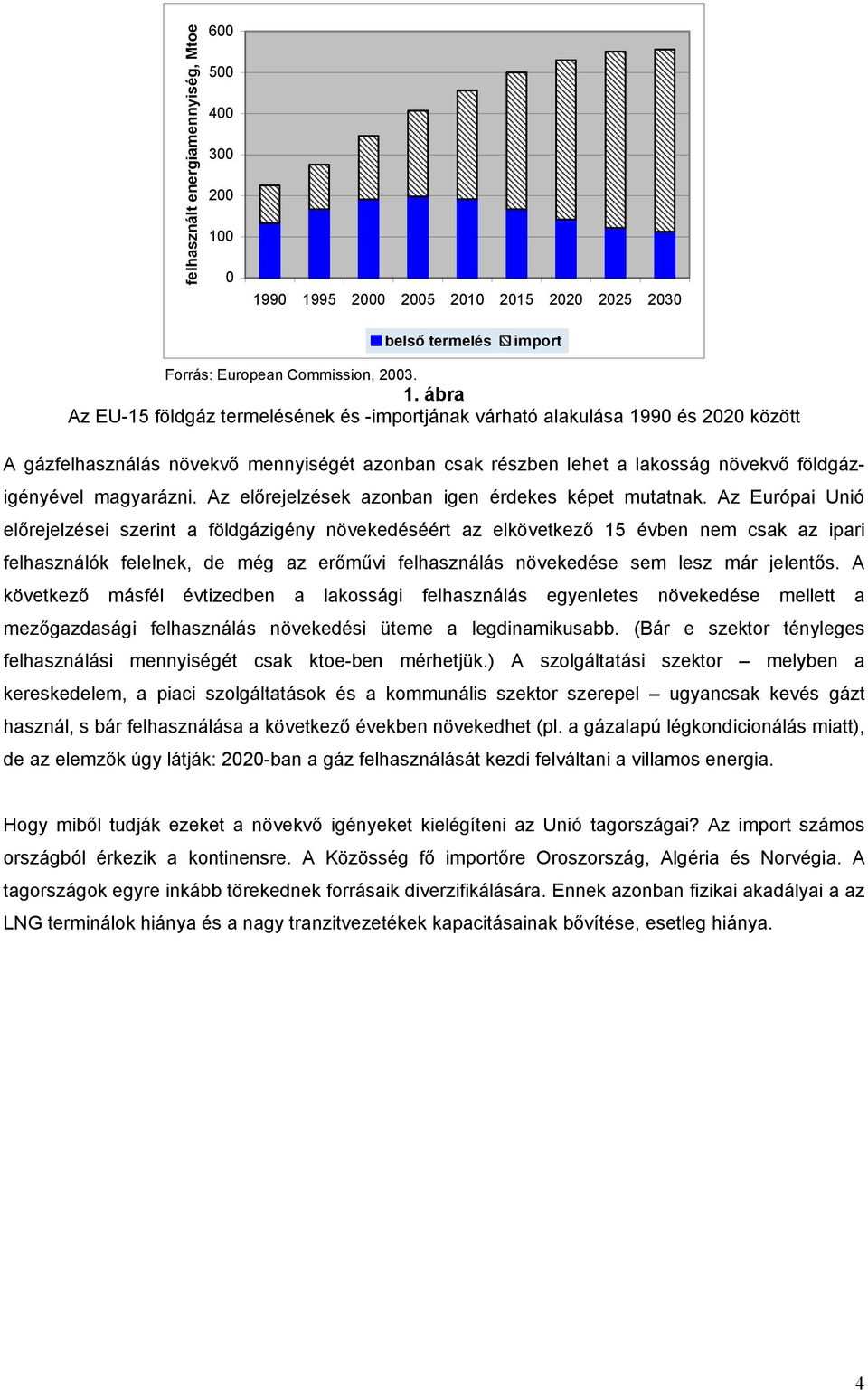 90 1995 2000 2005 2010 2015 2020 2025 2030 belső termelés import Forrás: European Commission, 2003. 1. ábra Az EU-15 földgáz termelésének és -importjának várható alakulása 1990 és 2020 között A