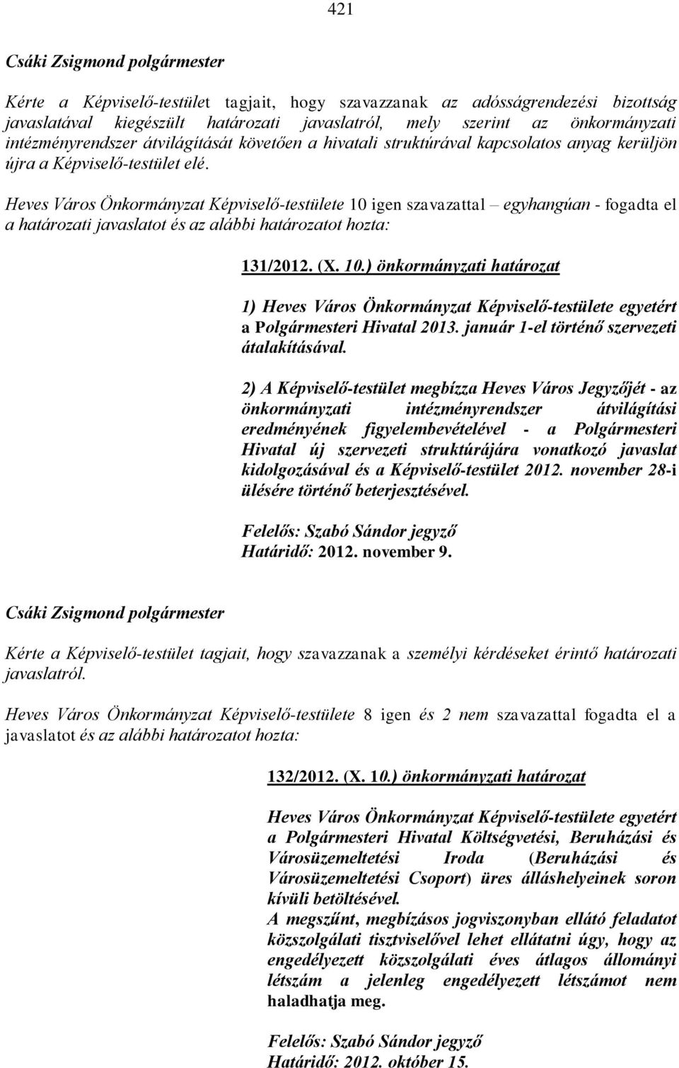 Heves Város Önkormányzat Képviselő-testülete 10 igen szavazattal egyhangúan - fogadta el a határozati javaslatot és az alábbi határozatot hozta: 131/2012. (X. 10.) önkormányzati határozat 1) Heves Város Önkormányzat Képviselő-testülete egyetért a Polgármesteri Hivatal 2013.