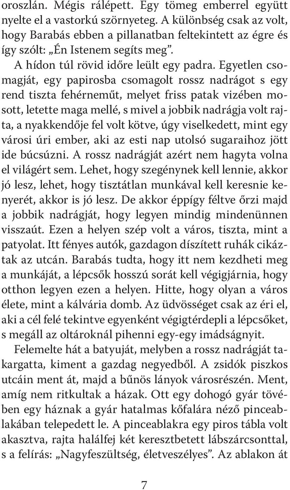 Egyetlen csomagját, egy papirosba csomagolt rossz nadrágot s egy rend tiszta fehérneműt, melyet friss patak vizében mosott, letette maga mellé, s mivel a jobbik nadrágja volt rajta, a nyakkendője fel