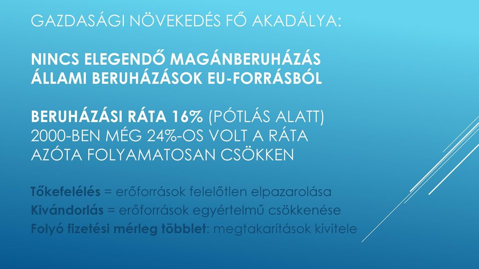 FOLYAMATOSAN CSÖKKEN Tőkefelélés = erőforrások felelőtlen elpazarolása Kivándorlás =
