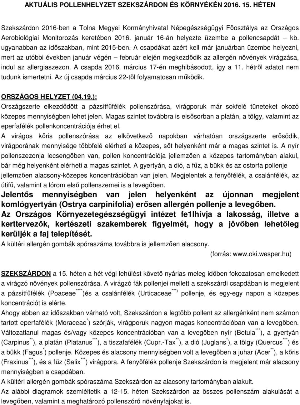 A csapdákat azért kell már januárban üzembe helyezni, mert az utóbbi években január végén február elején megkezdődik az allergén növények virágzása, indul az allergiaszezon. A csapda 2016.