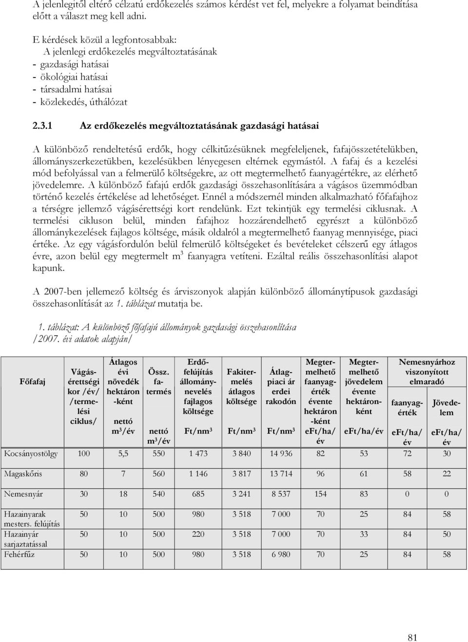 1 Az erdőkezelés megváltoztatásának gazdasági hatásai A különböző rendeltetésű erdők, hogy célkitűzésüknek megfeleljenek, fafajösszetételükben, állományszerkezetükben, kezelésükben lényegesen