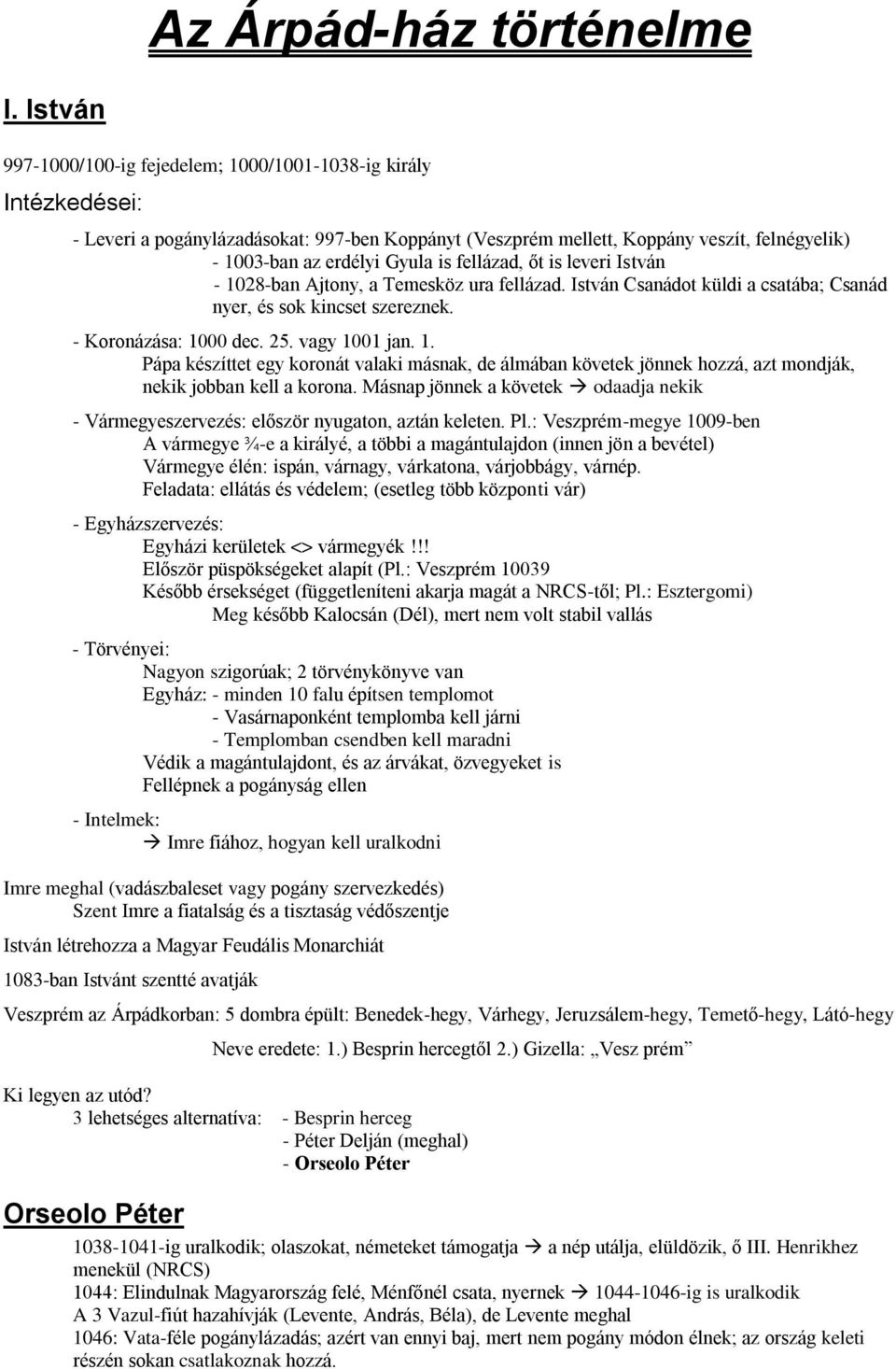 fellázad, őt is leveri István - 1028-ban Ajtony, a Temesköz ura fellázad. István Csanádot küldi a csatába; Csanád nyer, és sok kincset szereznek. - Koronázása: 1000 dec. 25. vagy 1001 jan. 1. Pápa készíttet egy koronát valaki másnak, de álmában követek jönnek hozzá, azt mondják, nekik jobban kell a korona.