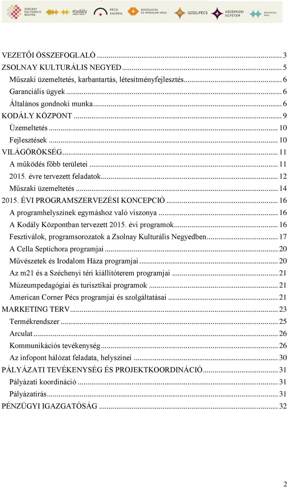 .. 16 A programhelyszínek egymáshoz való viszonya... 16 A Kodály Központban tervezett 2015. évi programok... 16 Fesztiválok, programsorozatok a Zsolnay Kulturális Negyedben.