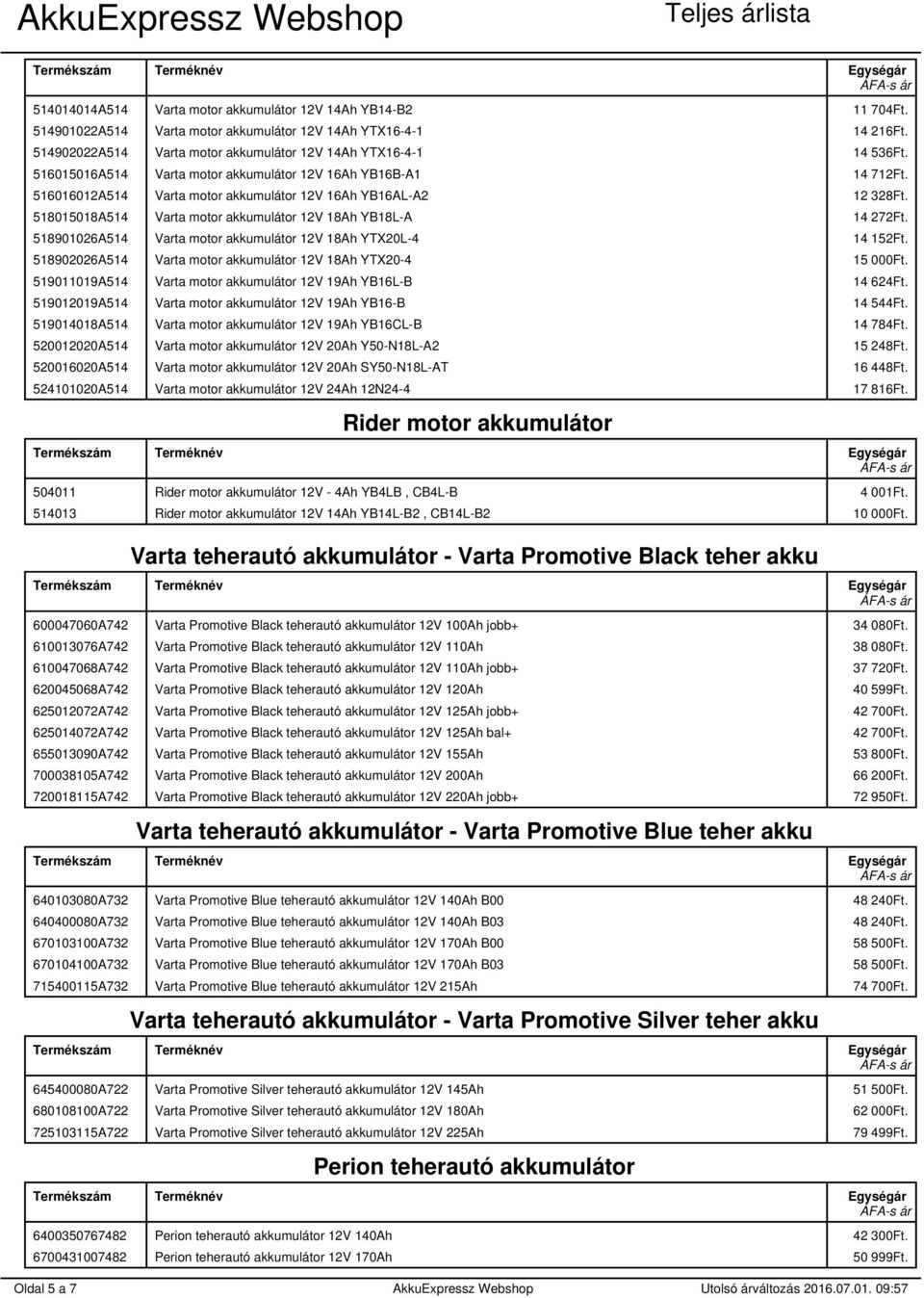 518901026A514 Varta motor akkumulátor 12V 18Ah YTX20L-4 14 152Ft. 518902026A514 Varta motor akkumulátor 12V 18Ah YTX20-4 15 000Ft. 519011019A514 Varta motor akkumulátor 12V 19Ah YB16L-B 14 624Ft.