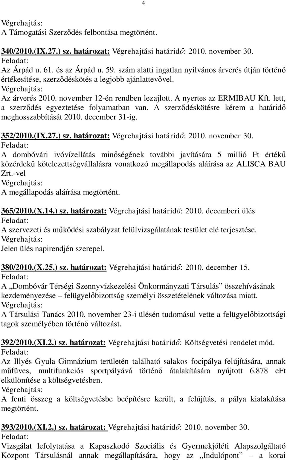 lett, a szerződés egyeztetése folyamatban van. A szerződéskötésre kérem a határidő meghosszabbítását 2010. december 31-ig. 352/2010.(IX.27.) sz. határozat: Végrehajtási határidő: 2010. november 30.