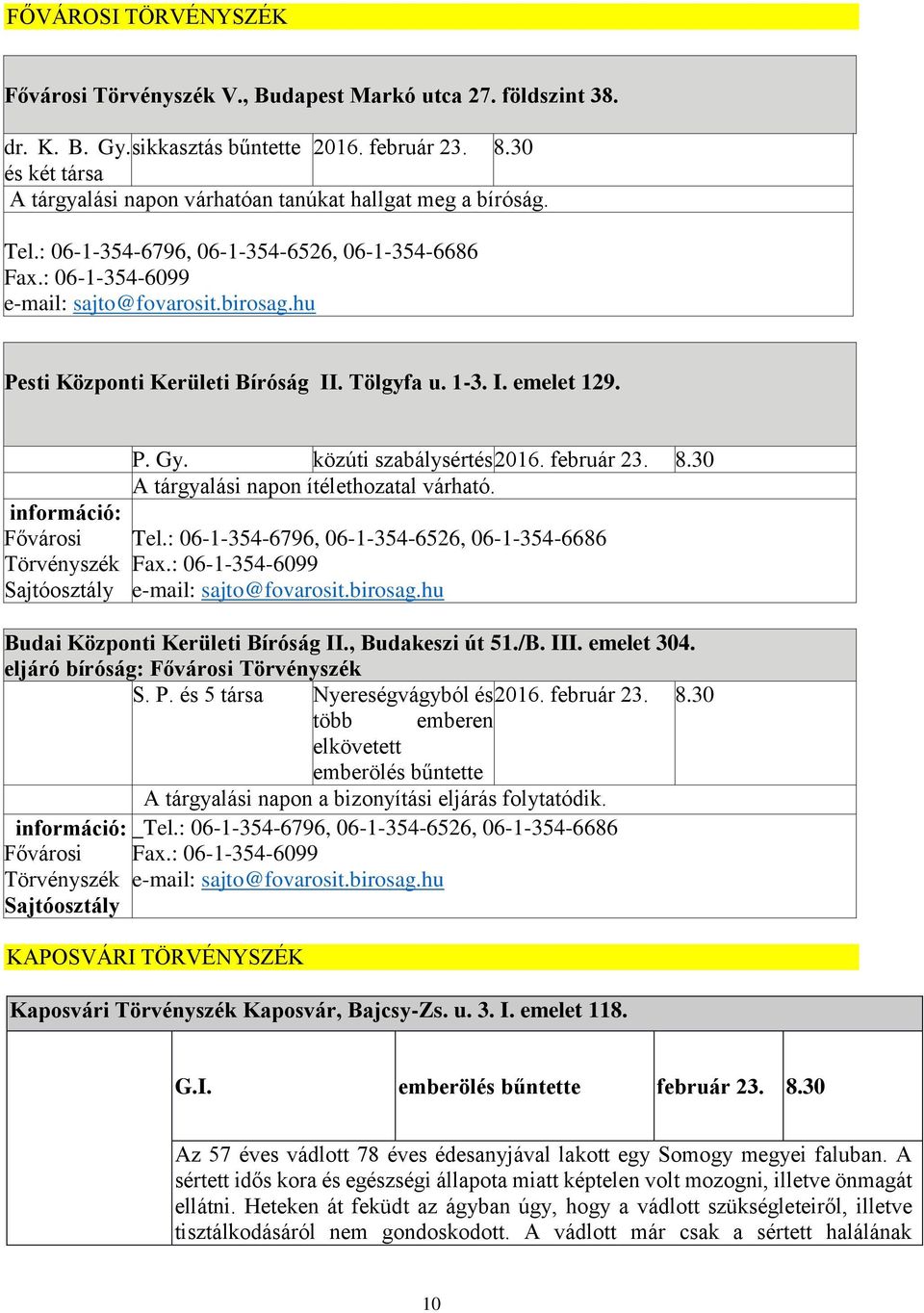 hu Pesti Központi Kerületi Bíróság II. Tölgyfa u. 1-3. I. emelet 129. információ: Fővárosi Törvényszék Sajtóosztály P. Gy. közúti szabálysértés 2016. február 23. 8.