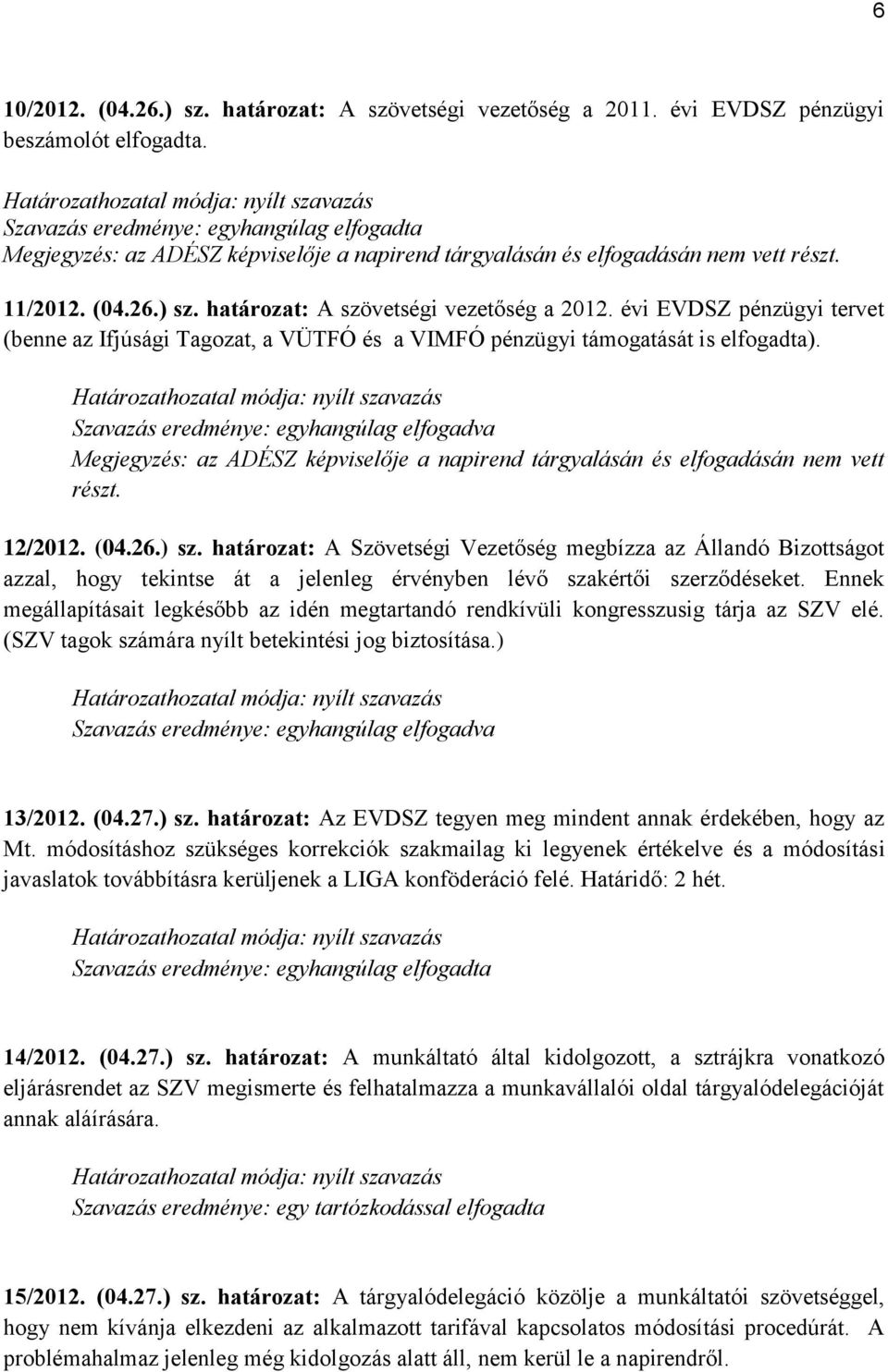 évi EVDSZ pénzügyi tervet (benne az Ifjúsági Tagozat, a VÜTFÓ és a VIMFÓ pénzügyi támogatását is elfogadta). Megjegyzés: az ADÉSZ képviselője a napirend tárgyalásán és elfogadásán nem vett részt.