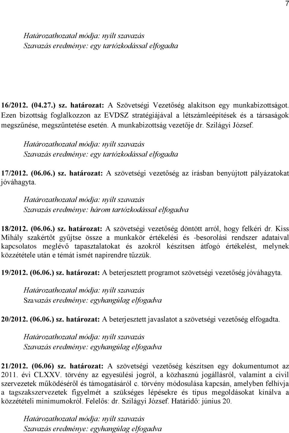 Szavazás eredménye: egy tartózkodással elfogadta 17/2012. (06.06.) sz. határozat: A szövetségi vezetőség az írásban benyújtott pályázatokat jóváhagyta.