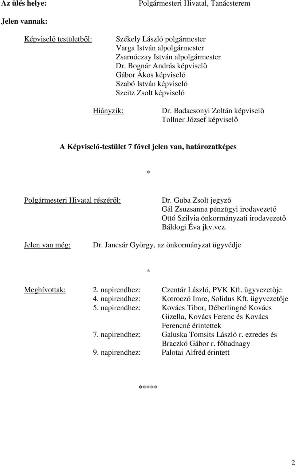 Badacsonyi Zoltán képviselő Tollner József képviselő A Képviselő-testület 7 fővel jelen van, határozatképes Polgármesteri Hivatal részéről: Dr.