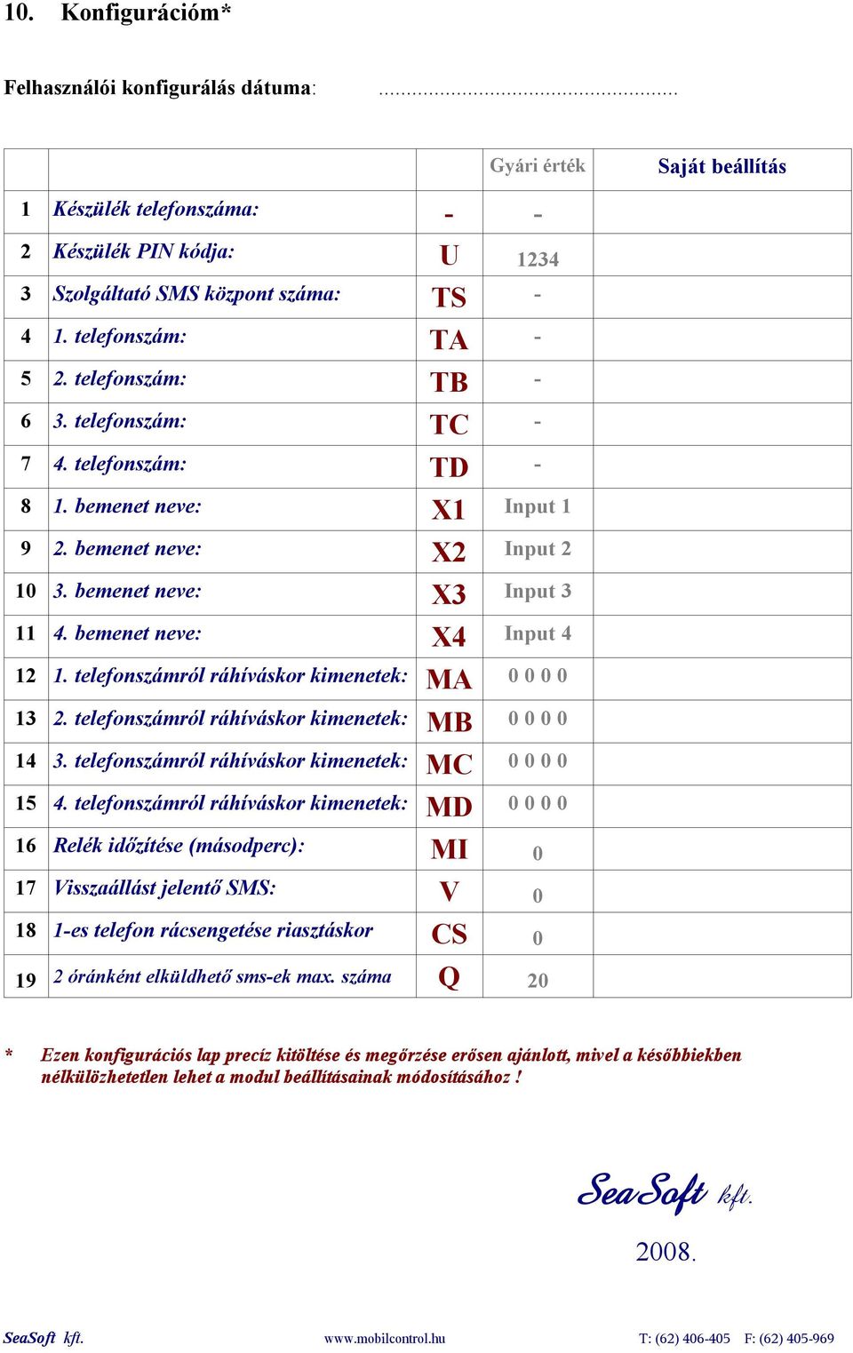 bemenet neve: X4 Input 4 12 1. telefonszámról ráhíváskor kimenetek: MA 0 0 0 0 13 2. telefonszámról ráhíváskor kimenetek: MB 0 0 0 0 14 3. telefonszámról ráhíváskor kimenetek: MC 0 0 0 0 15 4.