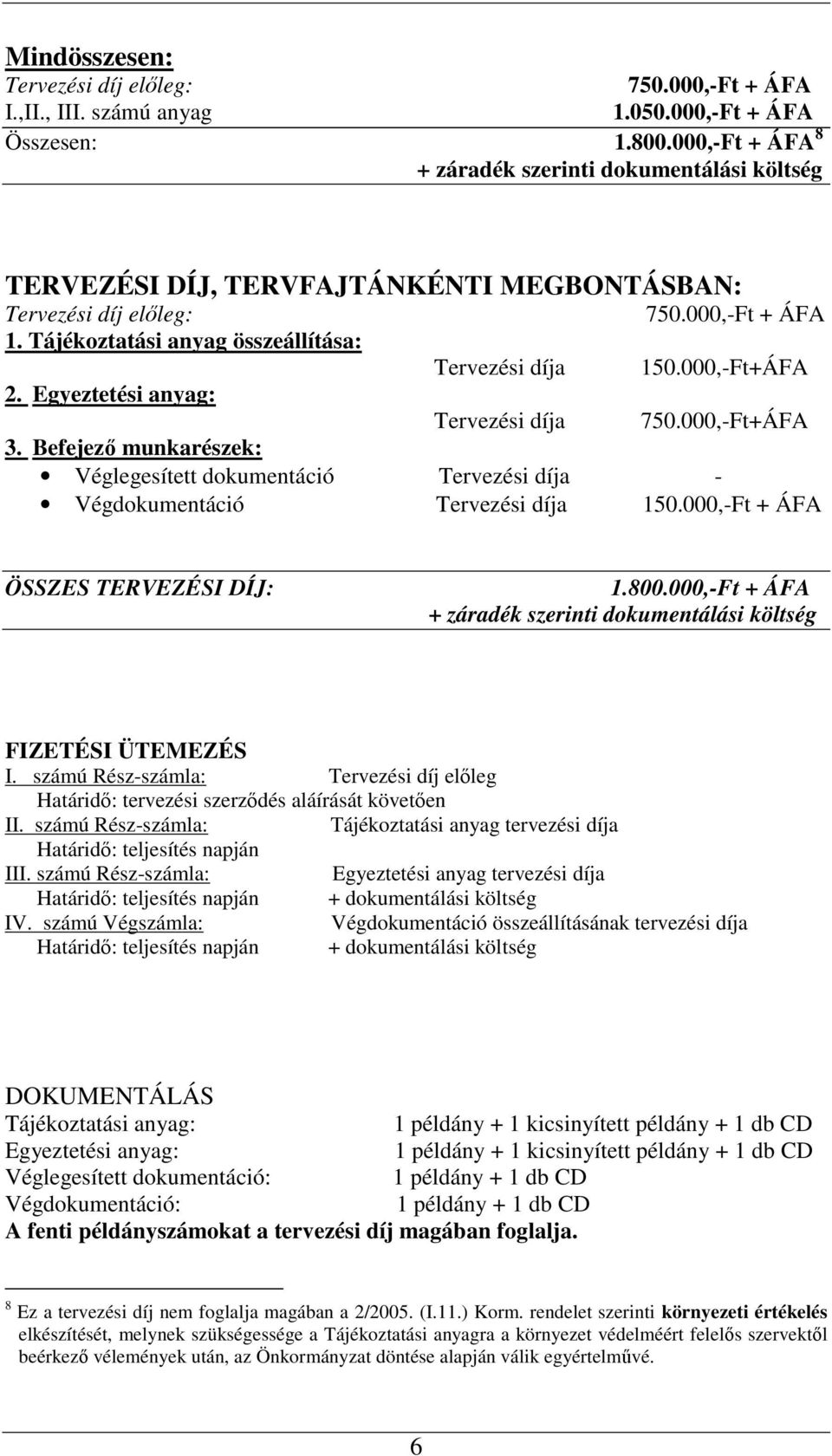 Egyeztetési anyag: Tervezési díja 750.000,-Ft+ÁFA 3. Befejező munkarészek: Véglegesített dokumentáció Tervezési díja - Végdokumentáció Tervezési díja 150.000,-Ft + ÁFA ÖSSZES TERVEZÉSI DÍJ: 1.800.