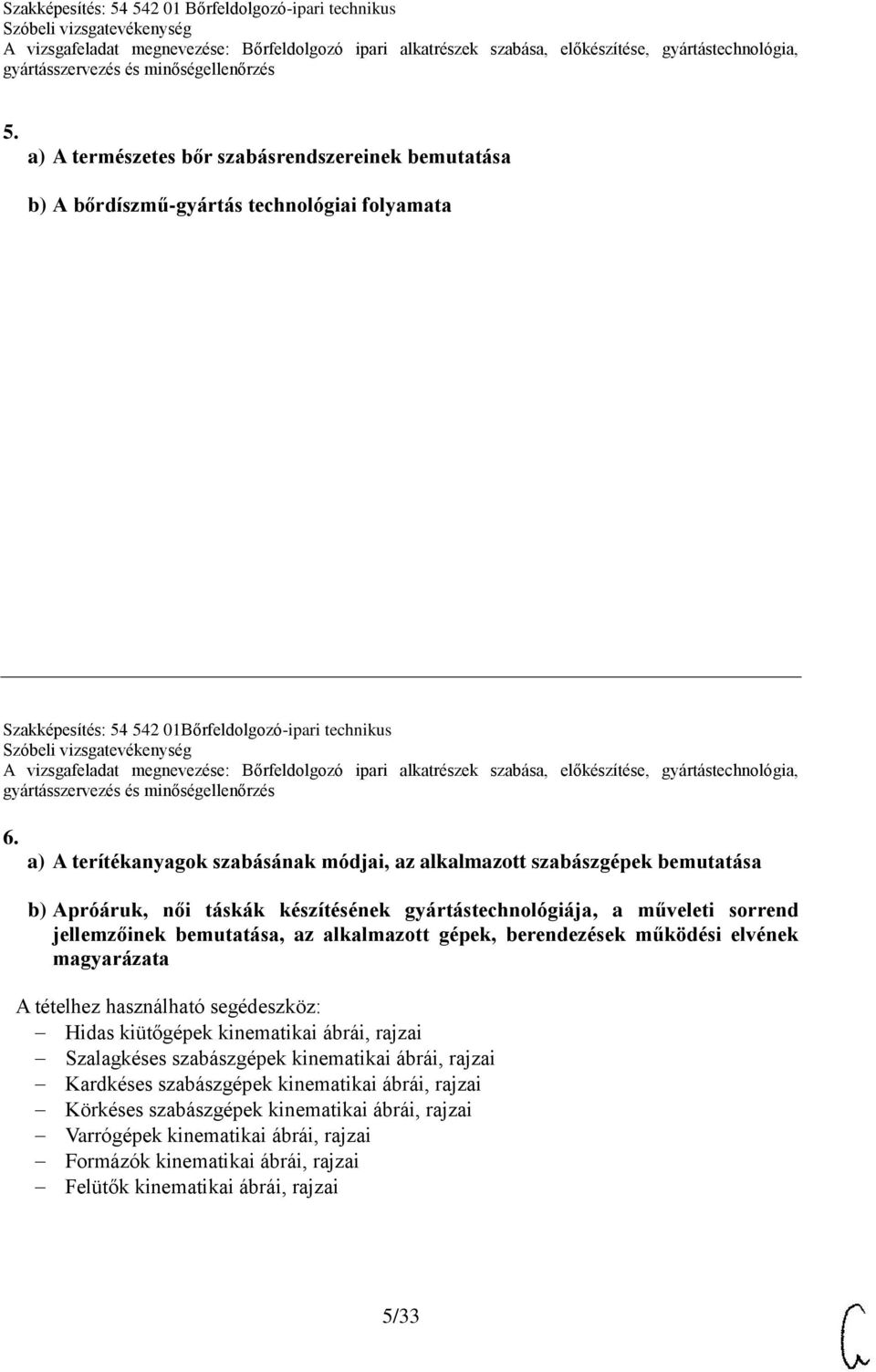 bemutatása, az alkalmazott gépek, berendezések működési elvének magyarázata Hidas kiütőgépek kinematikai ábrái, rajzai Szalagkéses szabászgépek kinematikai ábrái, rajzai