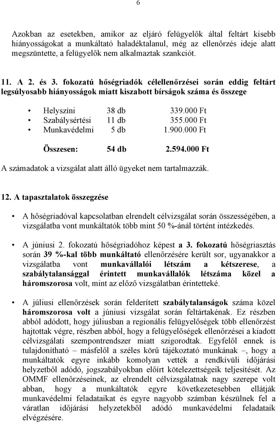 000 Ft Munkavédelmi 5 db 1.900.000 Ft Összesen: 54 db 2.594.000 Ft A számadatok a vizsgálat alatt álló ügyeket nem tartalmazzák. 12.