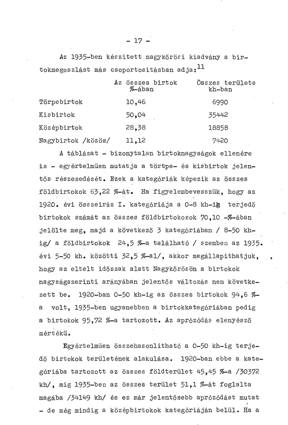 Ezek a kategóriák képezik az összes földbirtokok 63,22 % át. Ha figyelembevesszük, hogy az 1920. évi összeirás I.