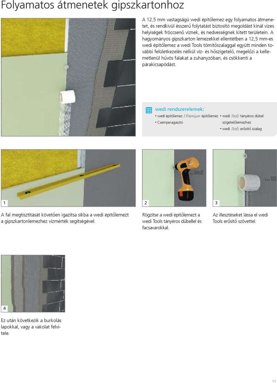 A hagyományos gipszkarton lemezekkel ellentétben a 12,5 mm-es wedi építőlemez a wedi Tools tömítőszalaggal együtt minden további felületkezelés nélkül víz- és hőszigetelő, megelőzi a kellemetlenül