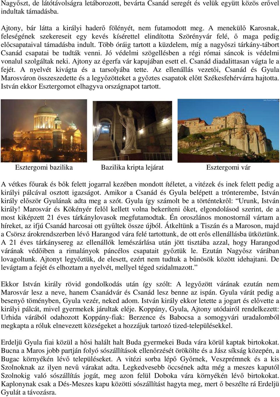 Több óráig tartott a küzdelem, míg a nagyőszi tárkány-tábort Csanád csapatai be tudták venni. Jó védelmi szögellésben a régi római sáncok is védelmi vonalul szolgáltak neki.