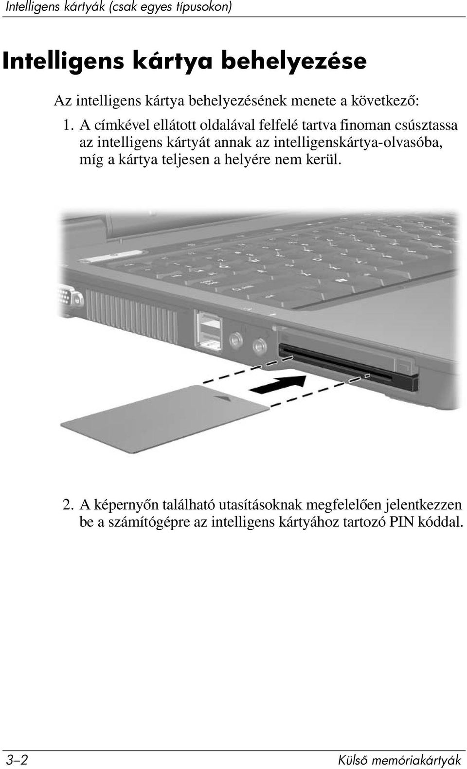 A címkével ellátott oldalával felfelé tartva finoman csúsztassa az intelligens kártyát annak az