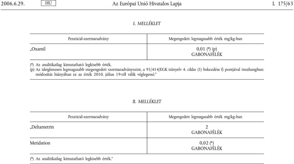 érték. (p) Az ideiglenesen legmagasabb megengedett szermaradványszint, a 91/414/EGK irányelv 4.