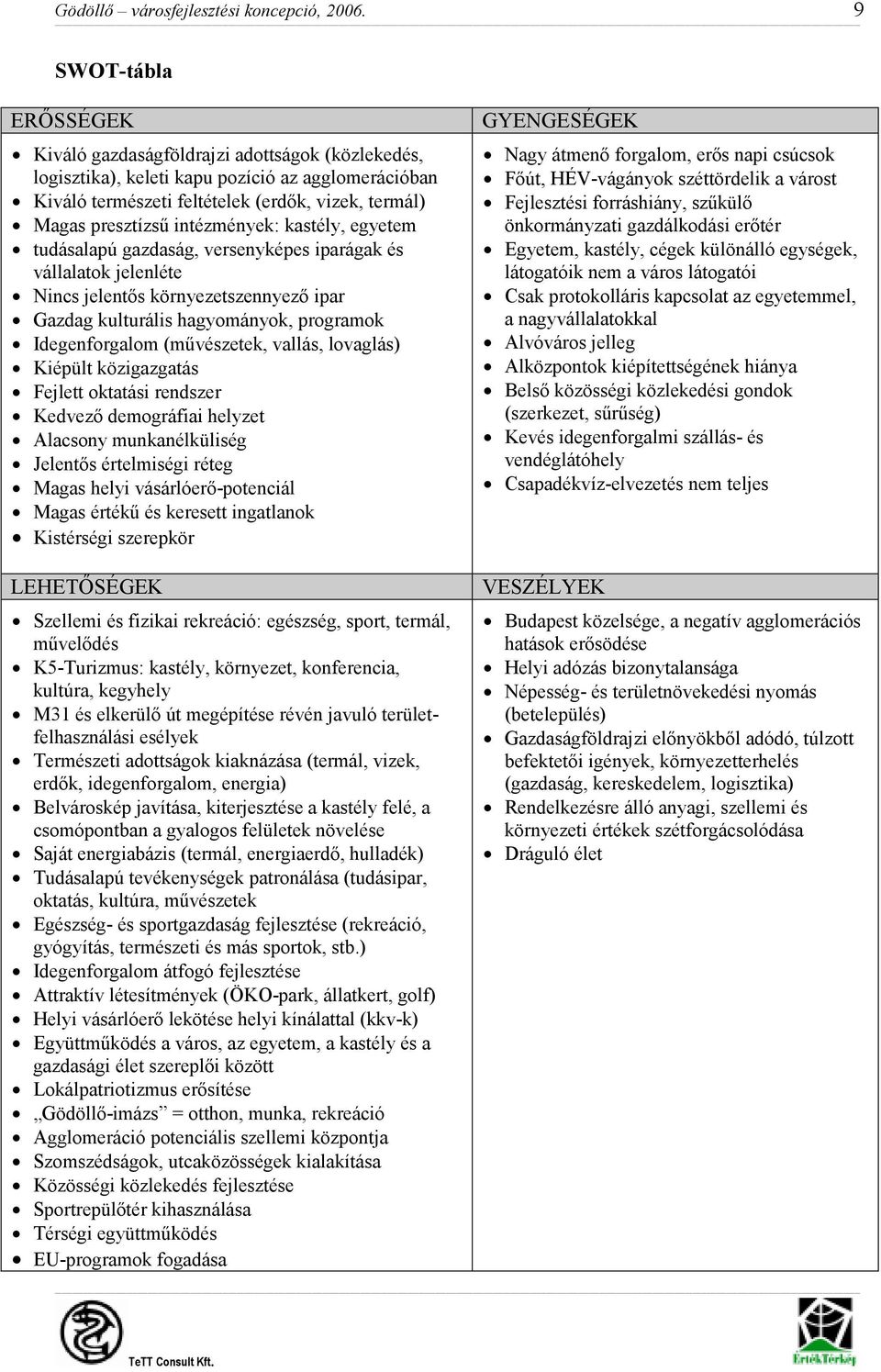 intézmények: kastély, egyetem tudásalapú gazdaság, versenyképes iparágak és vállalatok jelenléte Nincs jelentıs környezetszennyezı ipar Gazdag kulturális hagyományok, programok Idegenforgalom