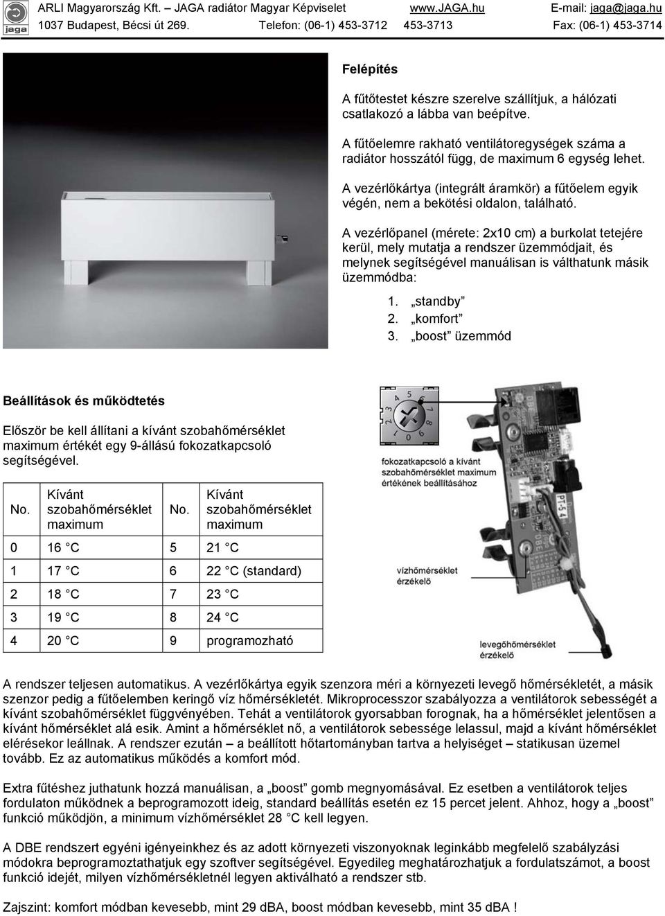 A vezérlőpanel (mérete: 2x10 cm) a burkolat tetejére kerül, mely mutatja a rendszer üzemmódjait, és melynek segítségével manuálisan is válthatunk másik üzemmódba: 1. standby 2. komfort 3.