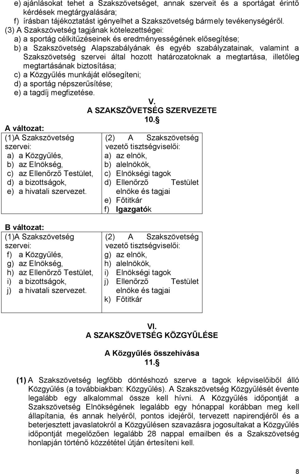 szervei által hozott határozatoknak a megtartása, illetőleg megtartásának biztosítása; c) a Közgyűlés munkáját elősegíteni; d) a sportág népszerűsítése; e) a tagdíj megfizetése. V.