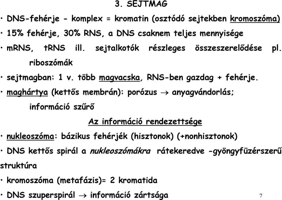 maghártya (kettıs membrán): porózus anyagvándorlás; információ szőrı Az információ rendezettsége nukleoszóma: bázikus fehérjék (hisztonok)