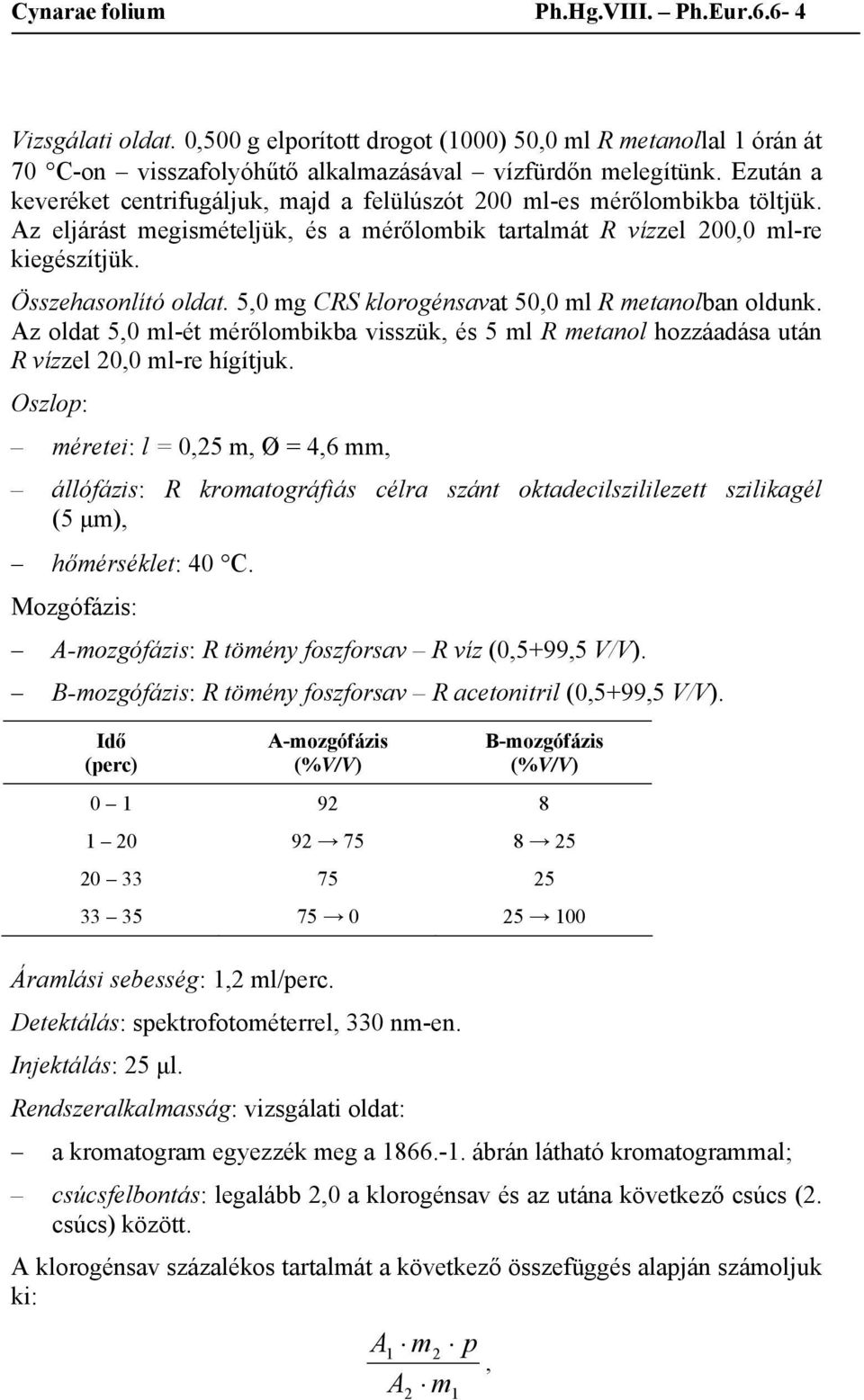 5,0 mg CRS klorogénsavat 50,0 ml R metanolban oldunk. Az oldat 5,0 ml-ét mérőlombikba visszük, és 5 ml R metanol hozzáadása után R vízzel 20,0 ml-re hígítjuk.