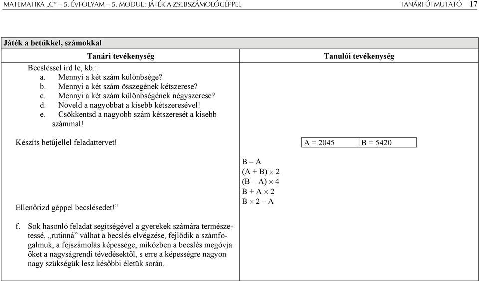 A = 2045 B = 5420 Ellenőrizd géppel becslésedet! B A (A + B) 2 (B A) 4 B + A 2 B 2 A f.