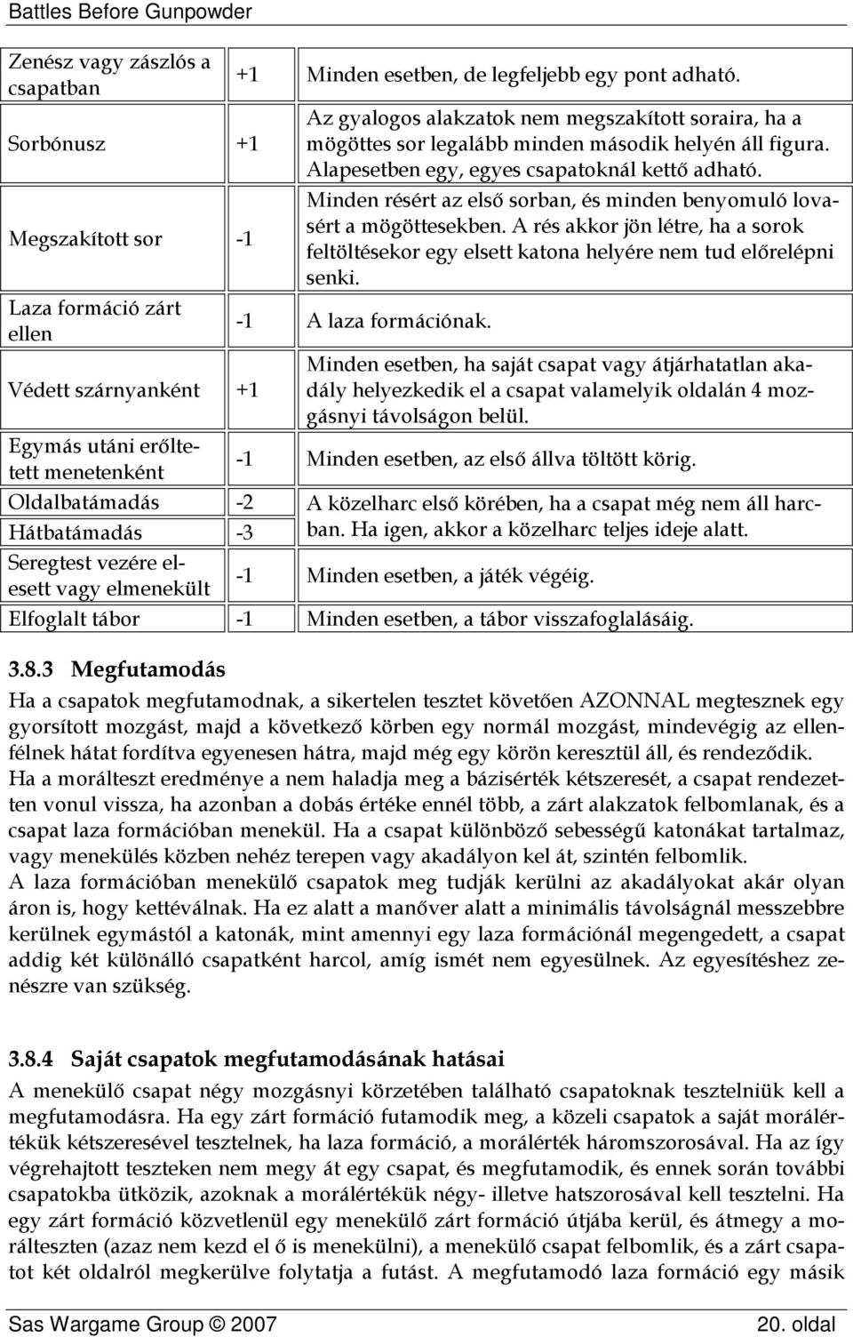 Alapesetben egy, egyes csapatoknál kettő adható. Minden résért az első sorban, és minden benyomuló lovasért a mögöttesekben.