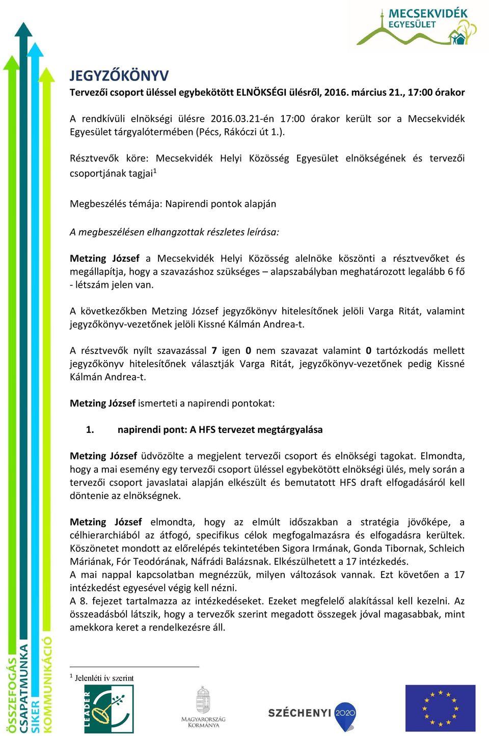 Résztvevők köre: Mecsekvidék Helyi Közösség Egyesület elnökségének és tervezői csoportjának tagjai 1 Megbeszélés témája: Napirendi pontok alapján A megbeszélésen elhangzottak részletes leírása: