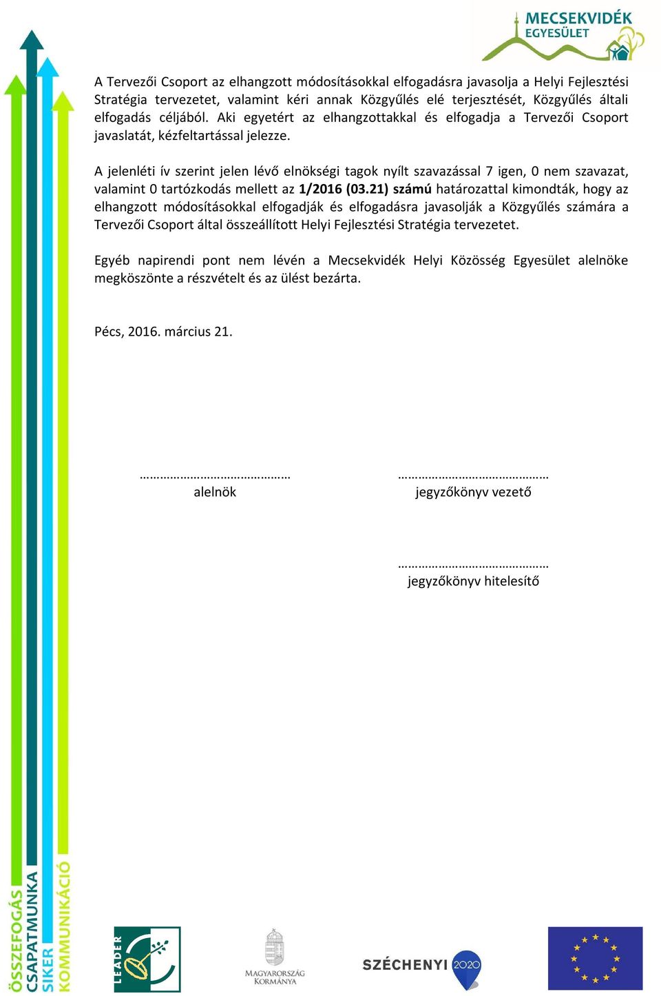 A jelenléti ív szerint jelen lévő elnökségi tagok nyílt szavazással 7 igen, 0 nem szavazat, valamint 0 tartózkodás mellett az 1/2016 (03.