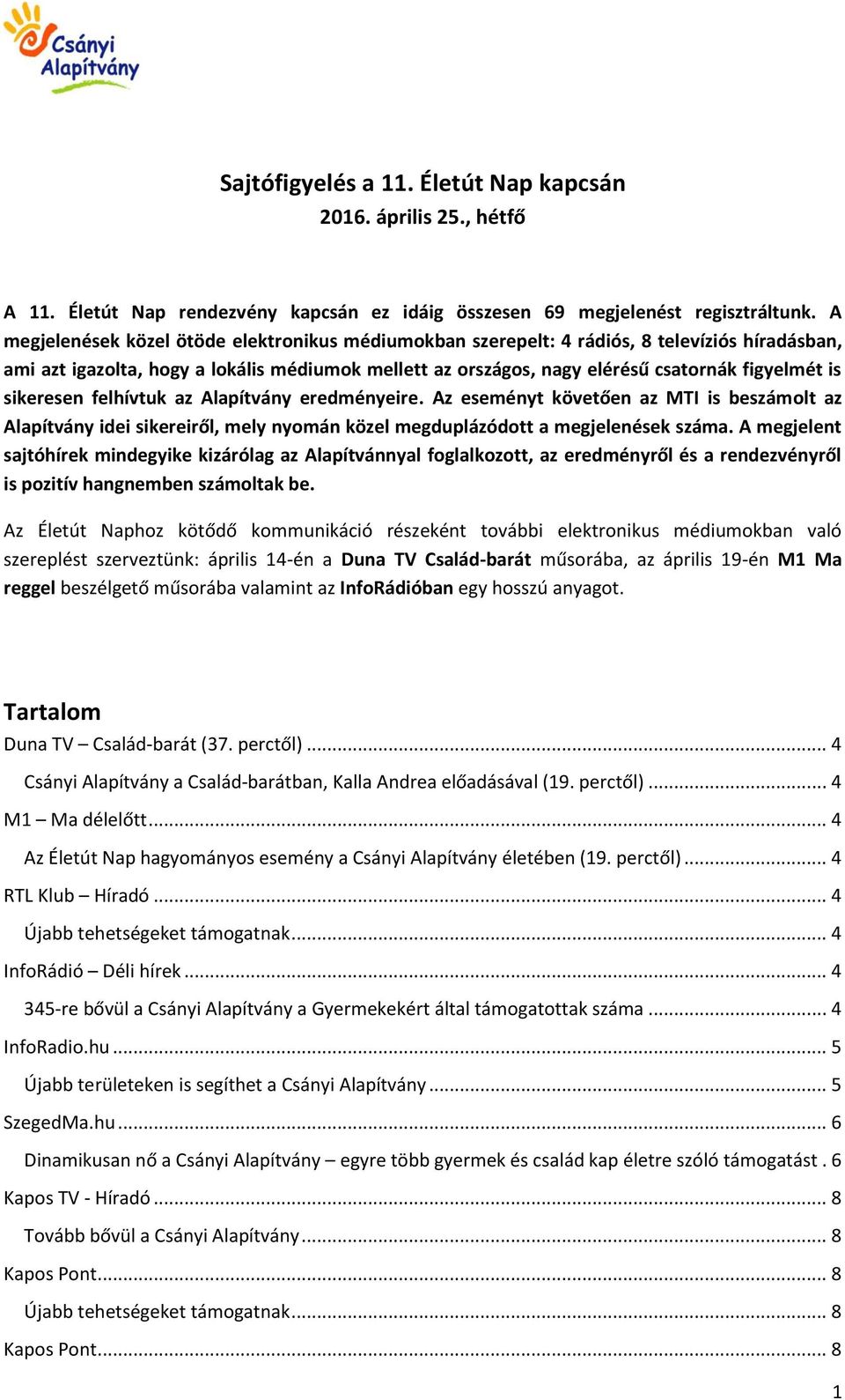 sikeresen felhívtuk az Alapítvány eredményeire. Az eseményt követően az MTI is beszámolt az Alapítvány idei sikereiről, mely nyomán közel megduplázódott a megjelenések száma.