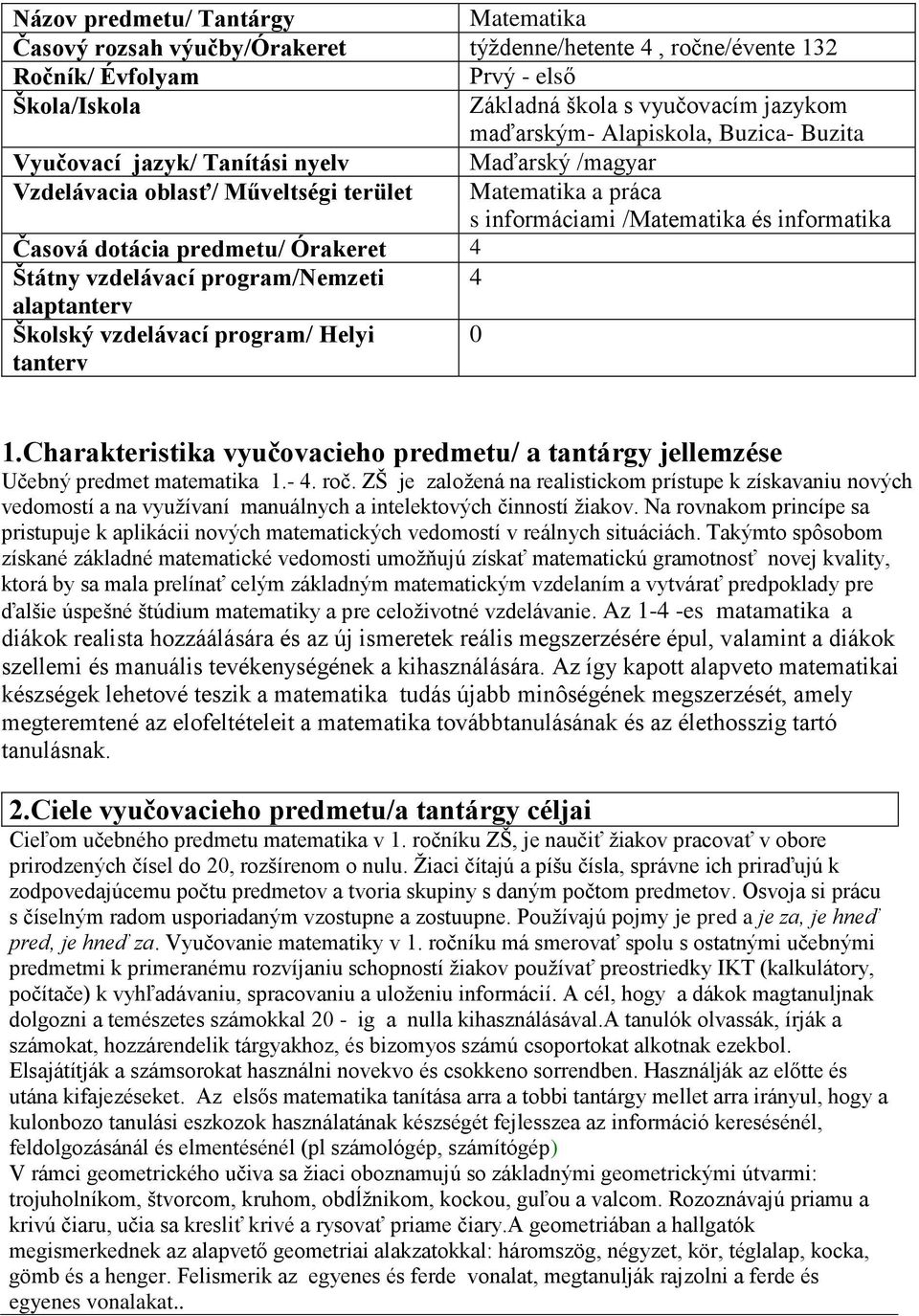 predmetu/ Órakeret 4 Štátny vzdelávací program/nemzeti 4 alaptanterv Školský vzdelávací program/ Helyi 0 tanterv 1.