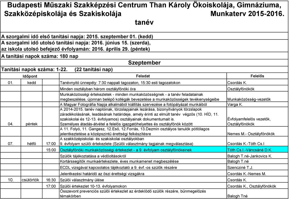 Időpont Feladat 01. kedd Tanévnyitó ünnepély: 7:30 nappali tagozaton, 15:30 esti tagozatokon Csordás K. 04. péntek 07.