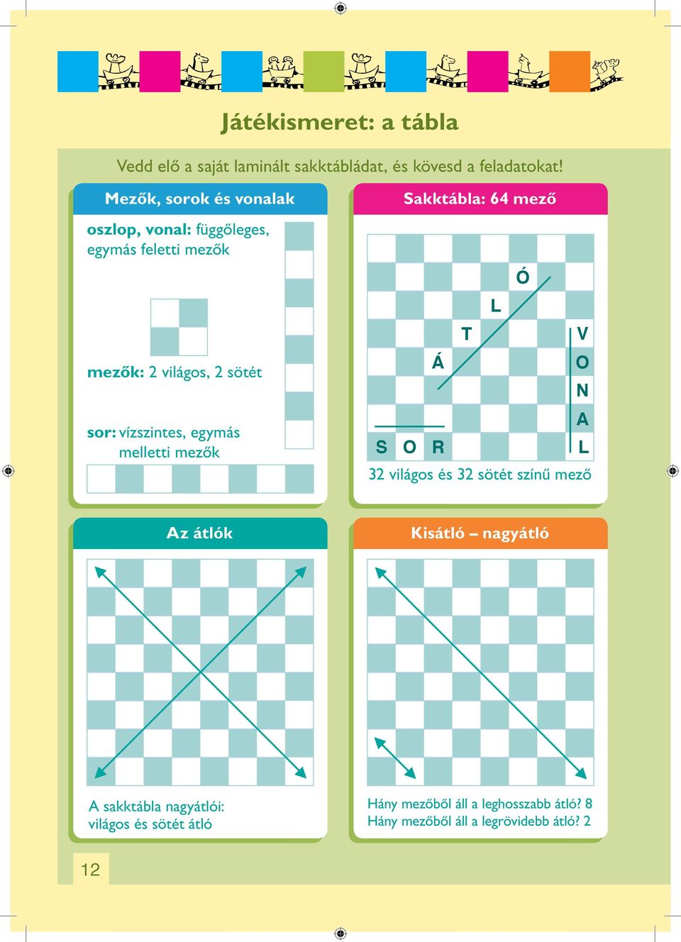 vízszintes, egymás melletti mezôk Sakktábla: 64 mezô Ó L T V Á O N A S O R L 32 világos és 32 sötét színû mezô