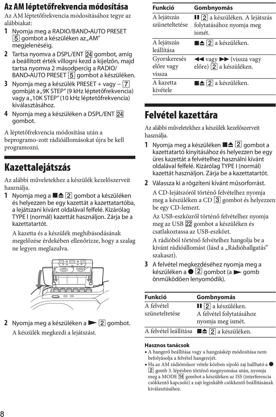 3 Nyomja meg a készülék PRESET + vagy gombját a 9K STEP (9 khz léptetőfrekvencia) vagy a 10K STEP (10 khz léptetőfrekvencia) kiválasztásához. 4 Nyomja meg a készüléken a DSPL/ENT gombot.