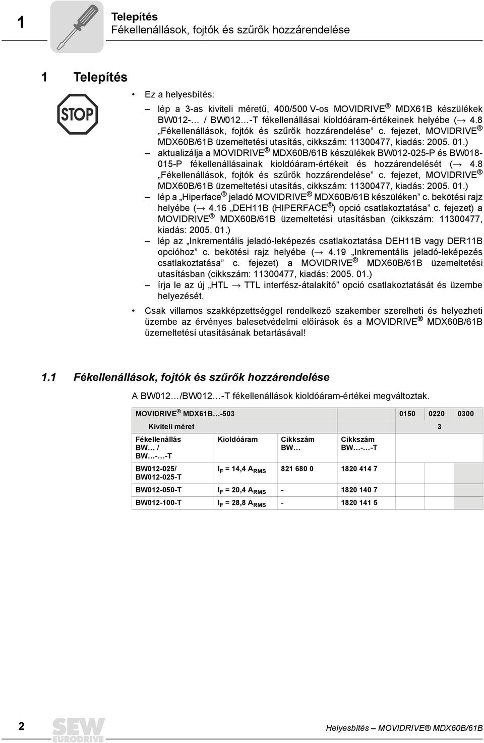 ) aktualizálja a MOVIDRIVE MDX60B/6B készülékek BW02-025-P és BW08-05-P fékellenállásainak kioldóáram-értékeit és hozzárendelését (Æ 4.8 Fékellenállások, fojtók és szűrők hozzárendelése c.