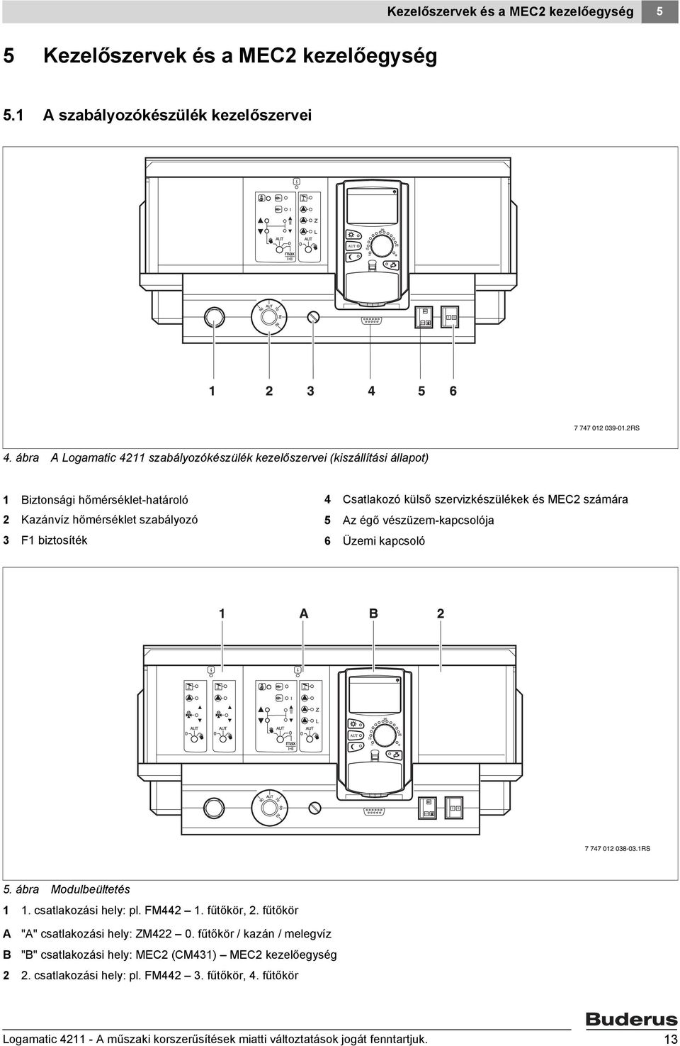 külső szervizkészülékek és MEC2 számára 5 Az égő vészüzem-kapcsolója 6 Üzemi kapcsoló 5. ábra Modulbeültetés 1 1. csatlakozási hely: pl. FM442 1. fűtőkör, 2.