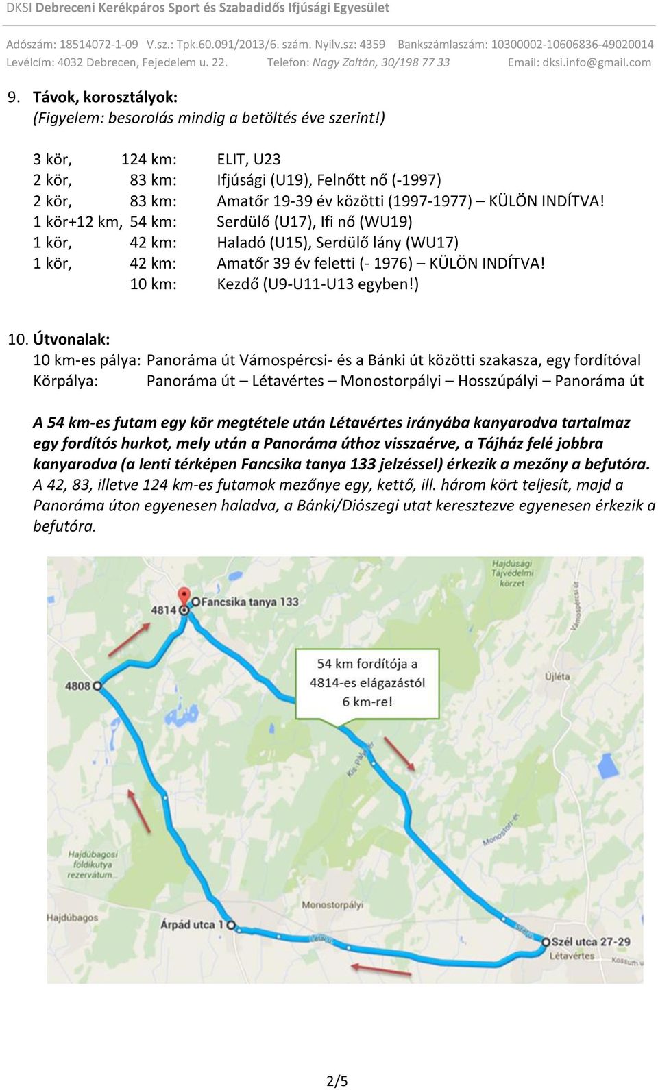 1 kör+12 km, 54 km: Serdülő (U17), Ifi nő (WU19) 1 kör, 42 km: Haladó (U15), Serdülő lány (WU17) 1 kör, 42 km: Amatőr 39 év feletti (- 1976) KÜLÖN INDÍTVA! 10 km: Kezdő (U9-U11-U13 egyben!) 10.