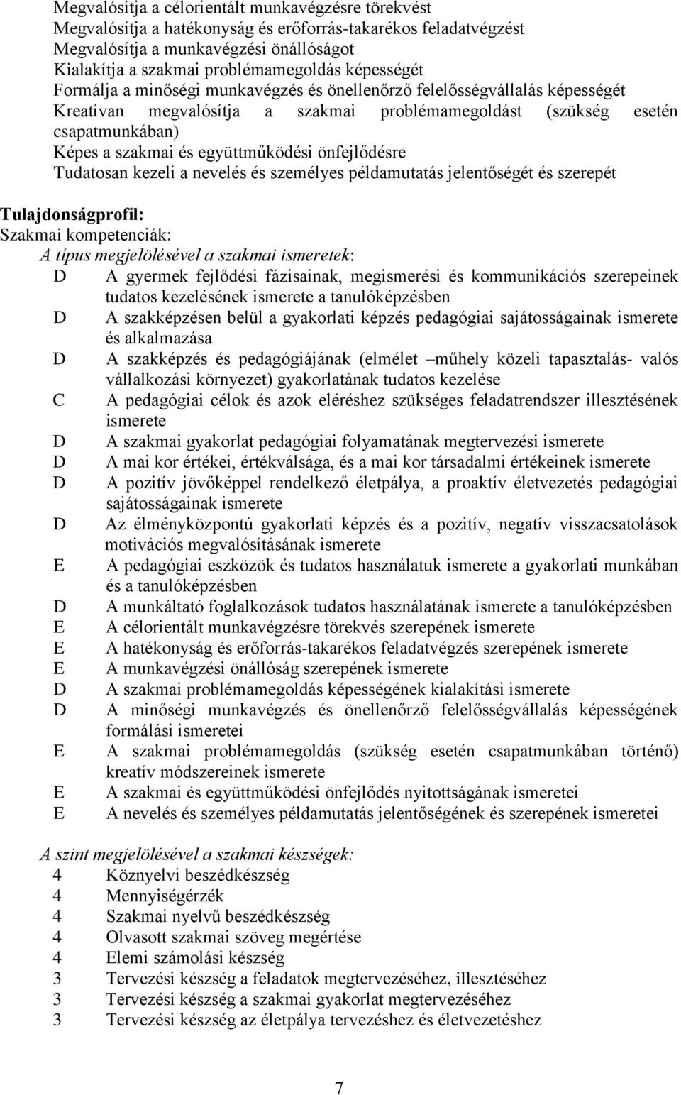 együttműködési önfejlődésre Tudatosan kezeli a nevelés és személyes példamutatás jelentőségét és szerepét Tulajdonságprofil: Szakmai kompetenciák: A típus megjelölésével a szakmai ismeretek: D A