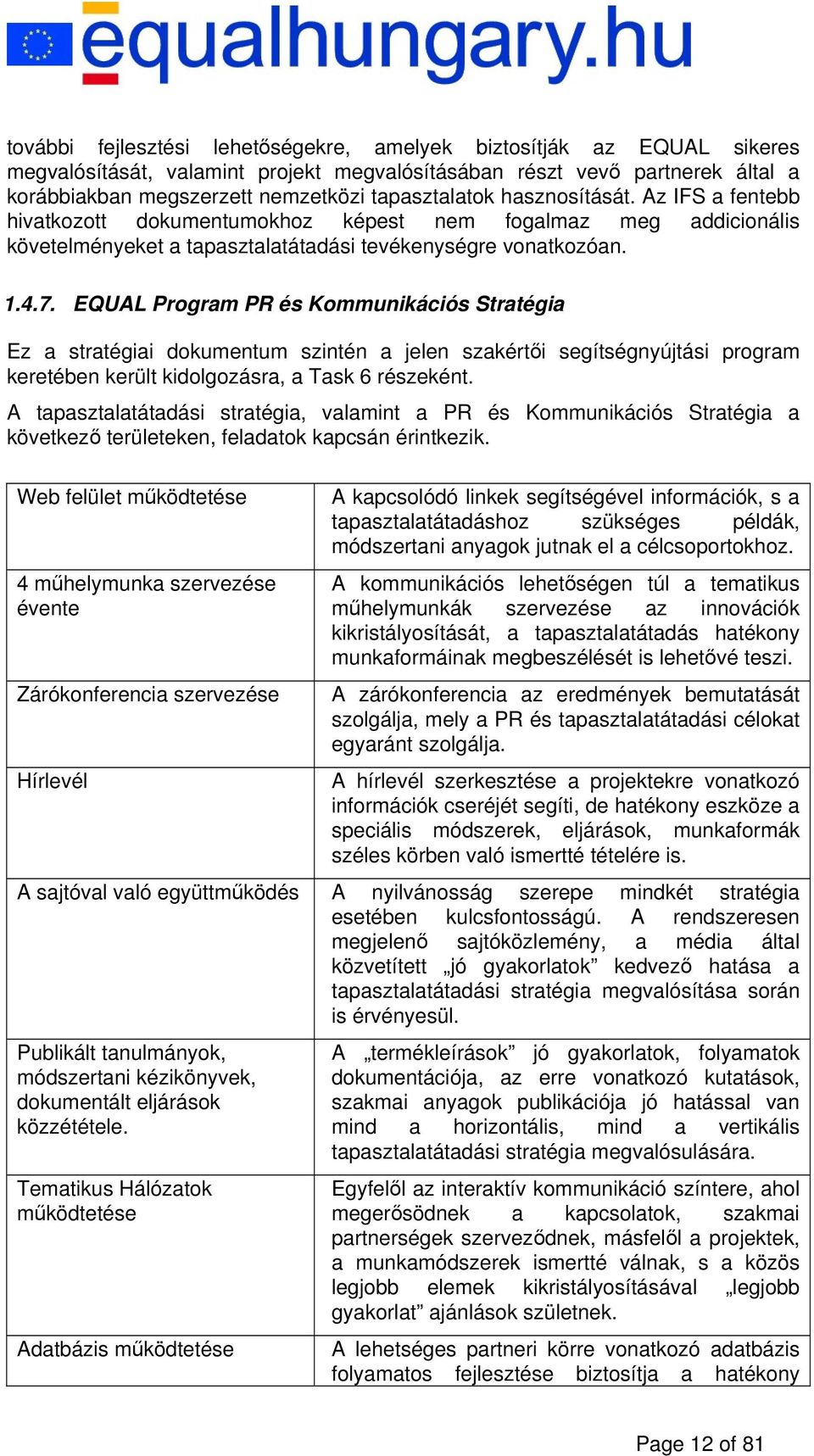 EQUAL Program PR és Kommunikációs Stratégia Ez a stratégiai dokumentum szintén a jelen szakértői segítségnyújtási program keretében került kidolgozásra, a Task 6 részeként.