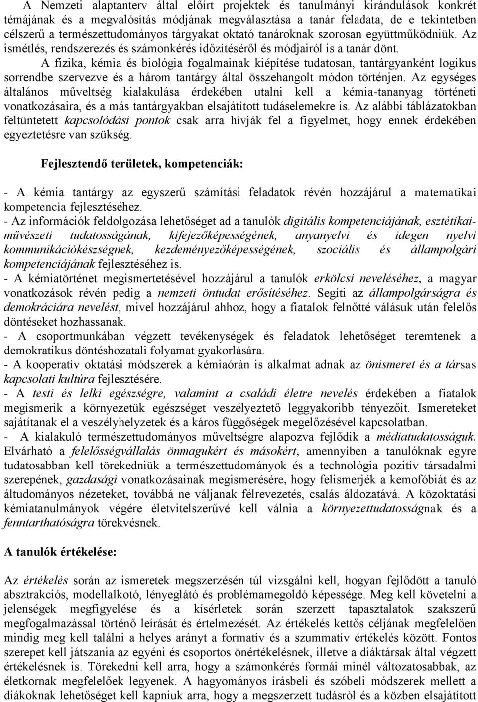 A fizika, kémia és biológia fogalmainak kiépítése tudatosan, tantárgyanként logikus sorrendbe szervezve és a három tantárgy által összehangolt módon történjen.