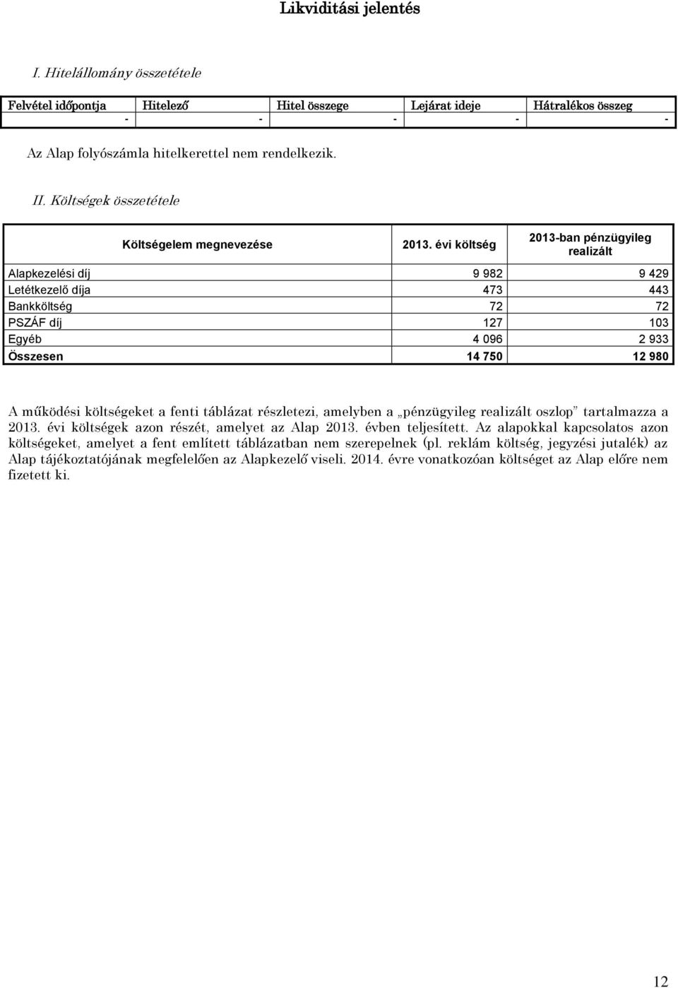 évi költség 2013-ban pénzügyileg realizált Alapkezelési díj 9 982 9 429 Letétkezelő díja 473 443 Bankköltség 72 72 PSZÁF díj 127 103 Egyéb 4 096 2 933 Összesen 14 750 12 980 A működési költségeket a