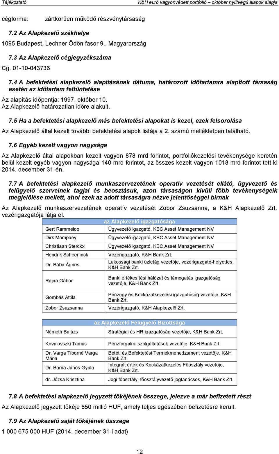 4 A befektetési alapkezelő alapításának dátuma, határozott időtartamra alapított társaság esetén az időtartam feltüntetése Az alapítás időpontja: 1997. október 10.