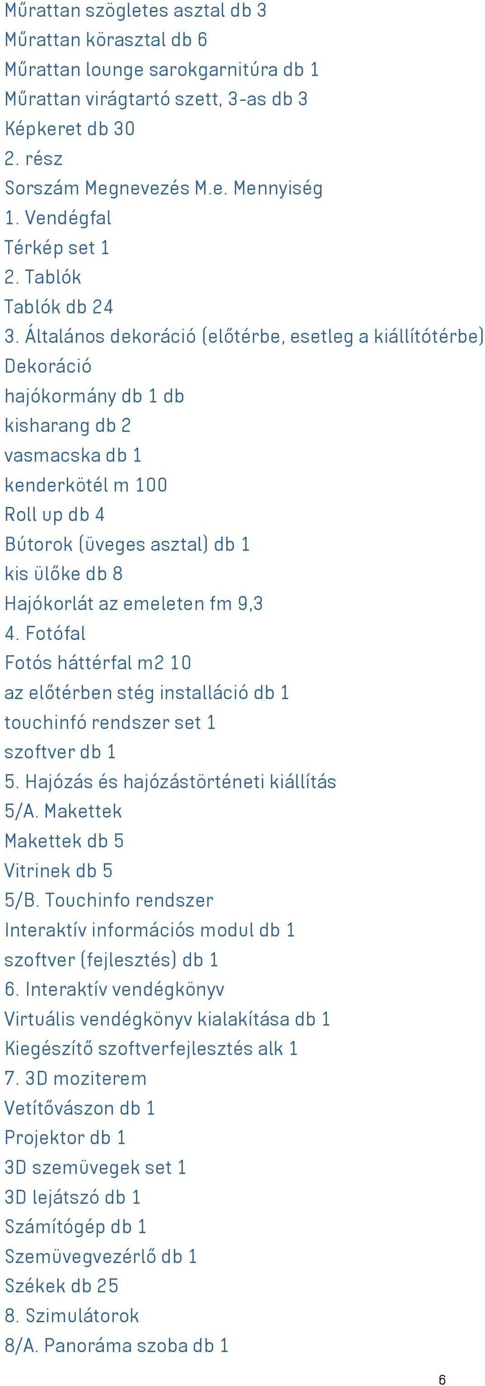 Általános dekoráció (előtérbe, esetleg a kiállítótérbe) Dekoráció hajókormány db 1 db kisharang db 2 vasmacska db 1 kenderkötél m 100 Roll up db 4 Bútorok (üveges asztal) db 1 kis ülőke db 8
