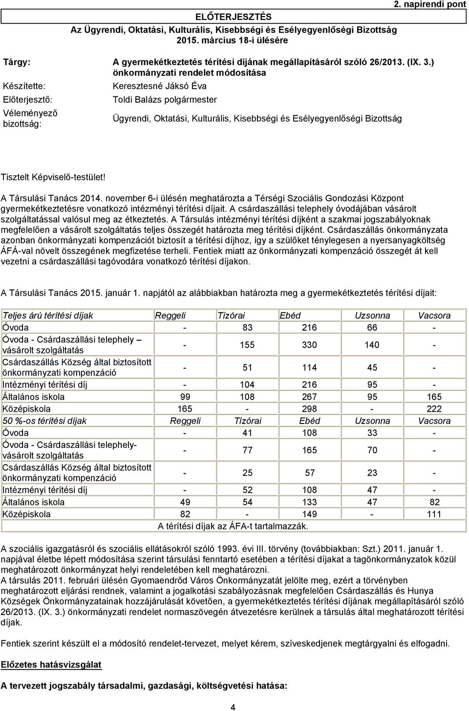 ) önkormányzati rendelet módosítása Készítette: Keresztesné Jáksó Éva Előterjesztő: Toldi Balázs polgármester Véleményező bizottság: Ügyrendi, Oktatási, Kulturális, Kisebbségi és Esélyegyenlőségi