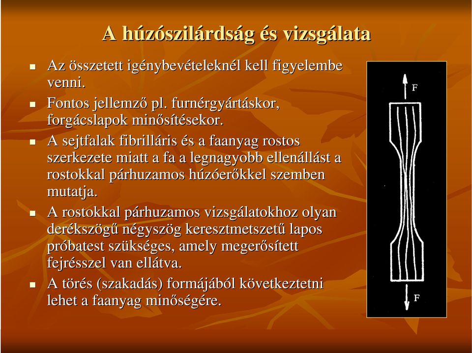 A sejtfalak fibrilláris ris és a faanyag rostos szerkezete miatt a fa a legnagyobb ellenáll llást a rostokkal párhuzamos húzóerıkkel