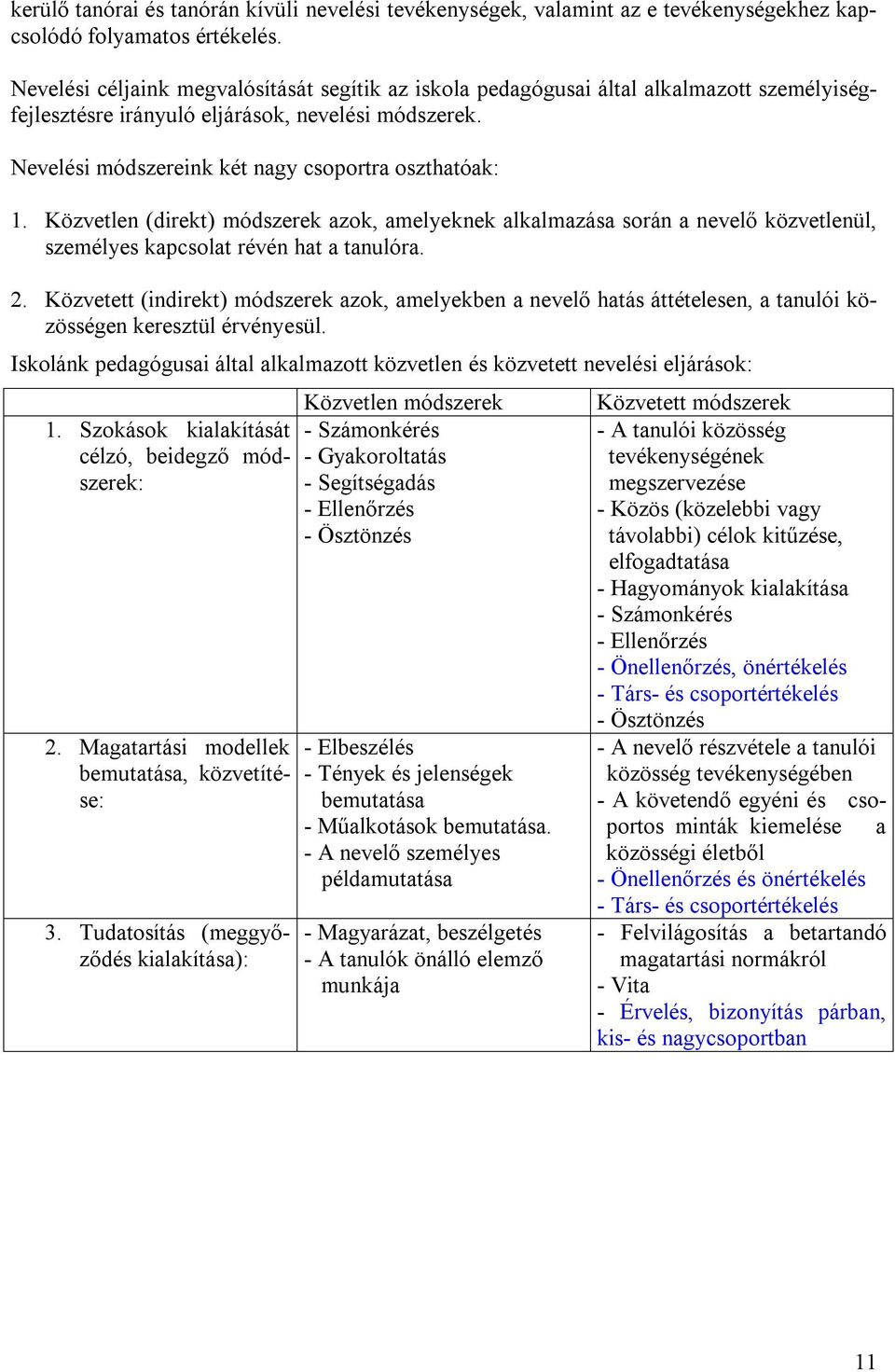 Közvetlen (direkt) módszerek azok, amelyeknek alkalmazása során a nevelő közvetlenül, személyes kapcsolat révén hat a tanulóra. 2.